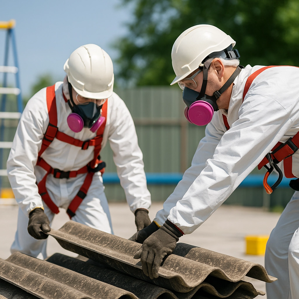 Two licensed asbestos-removal technicians in white PPE and respirators carefully lifting corrugated asbestos-cement sheets for safe disposal at a Perth job site