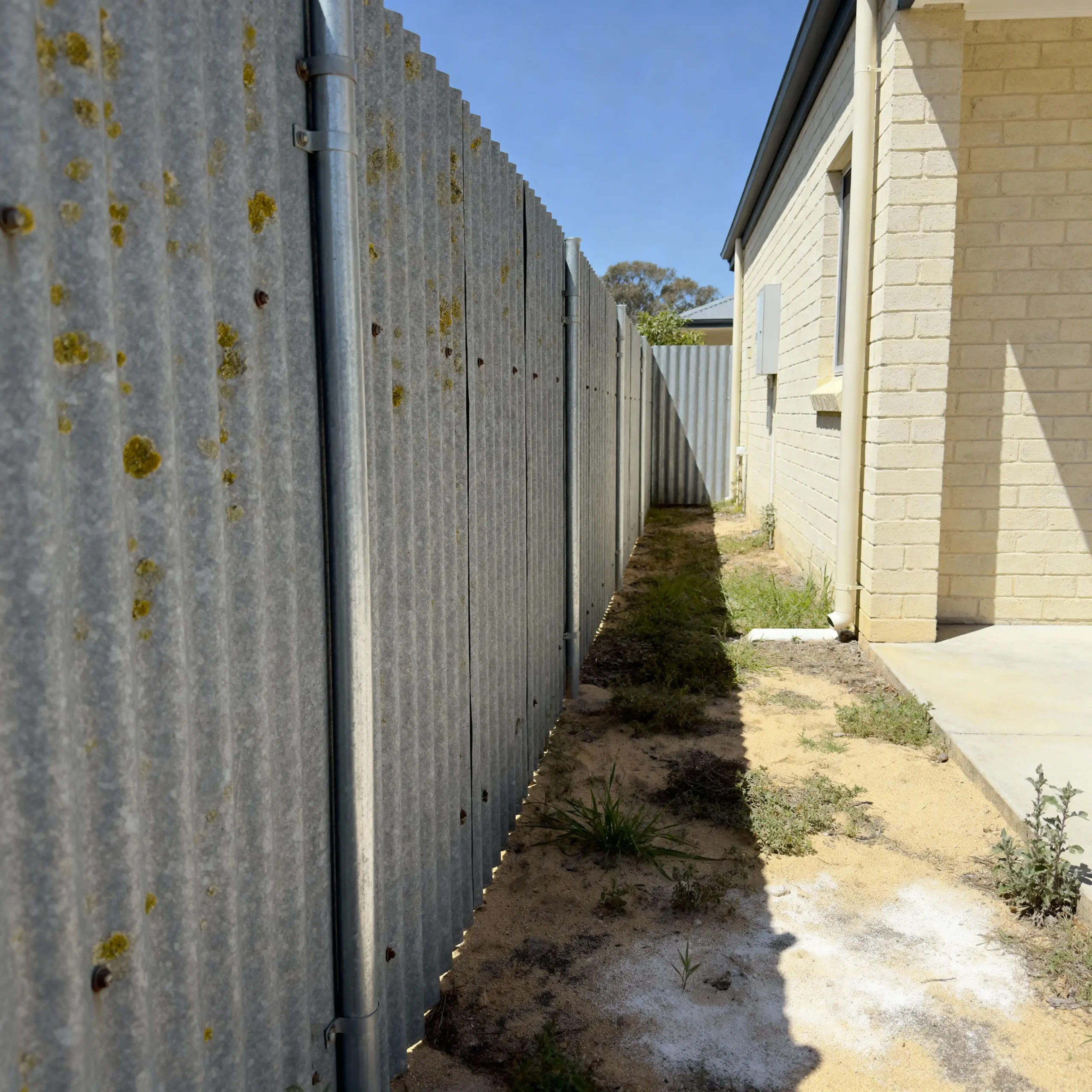 Grey corrugated asbestos-cement fence beside a Perth home, narrow side passage with sand and weeds—before removal.