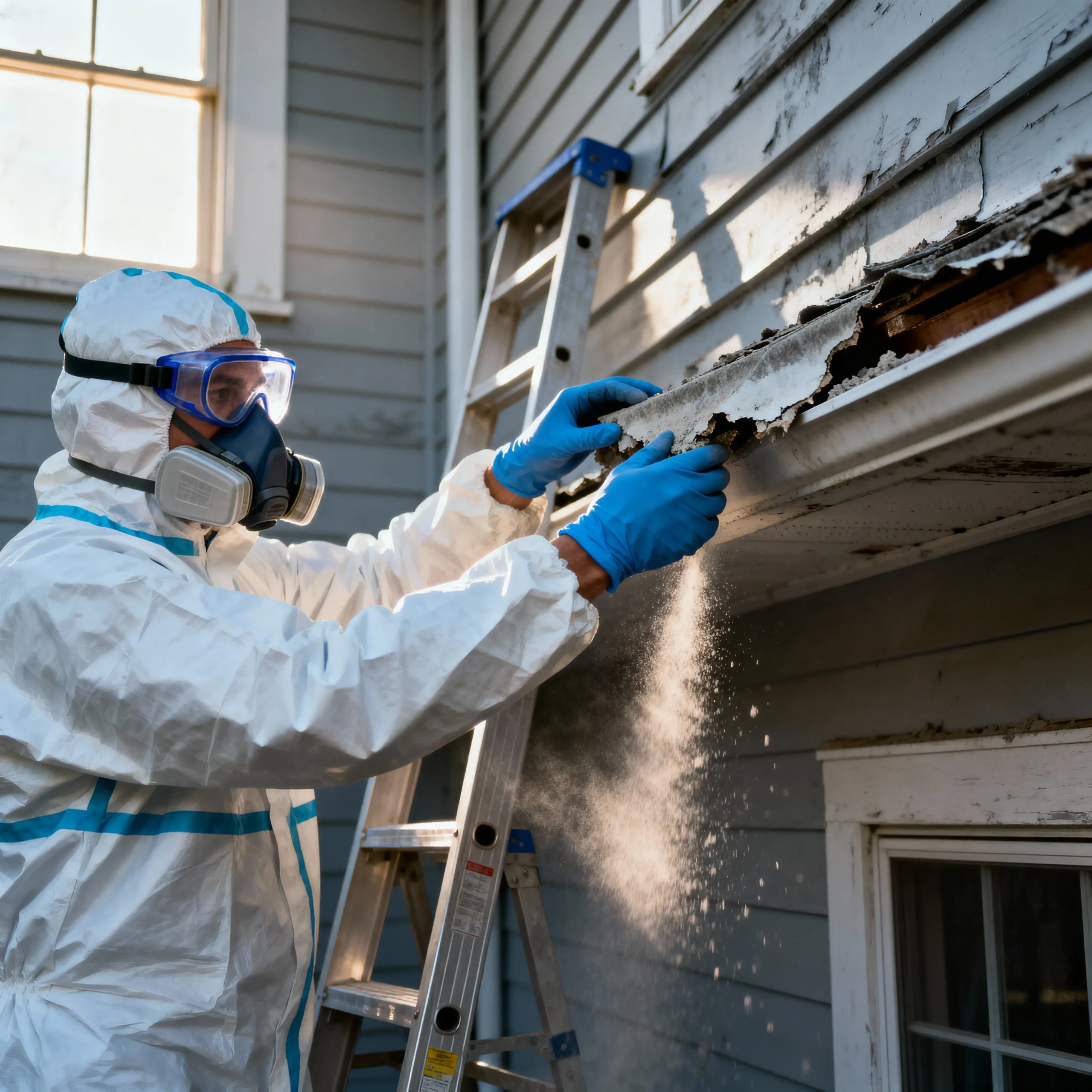 A Dingo Services specialist in a hazmat suit and respirator mask meticulously dismantles an asbestos cement wall panel from the interior of a garage in Western Australia.
