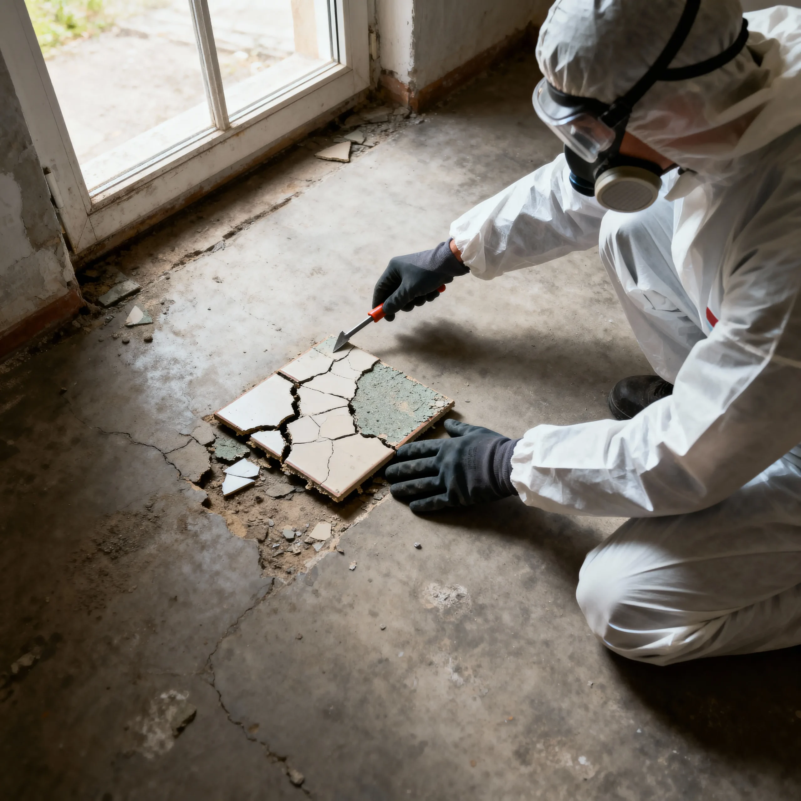 Close-up of a worker's gloved hands carefully lifting a broken bonded asbestos floor tile from a shed, demonstrating a precise and safe removal technique.