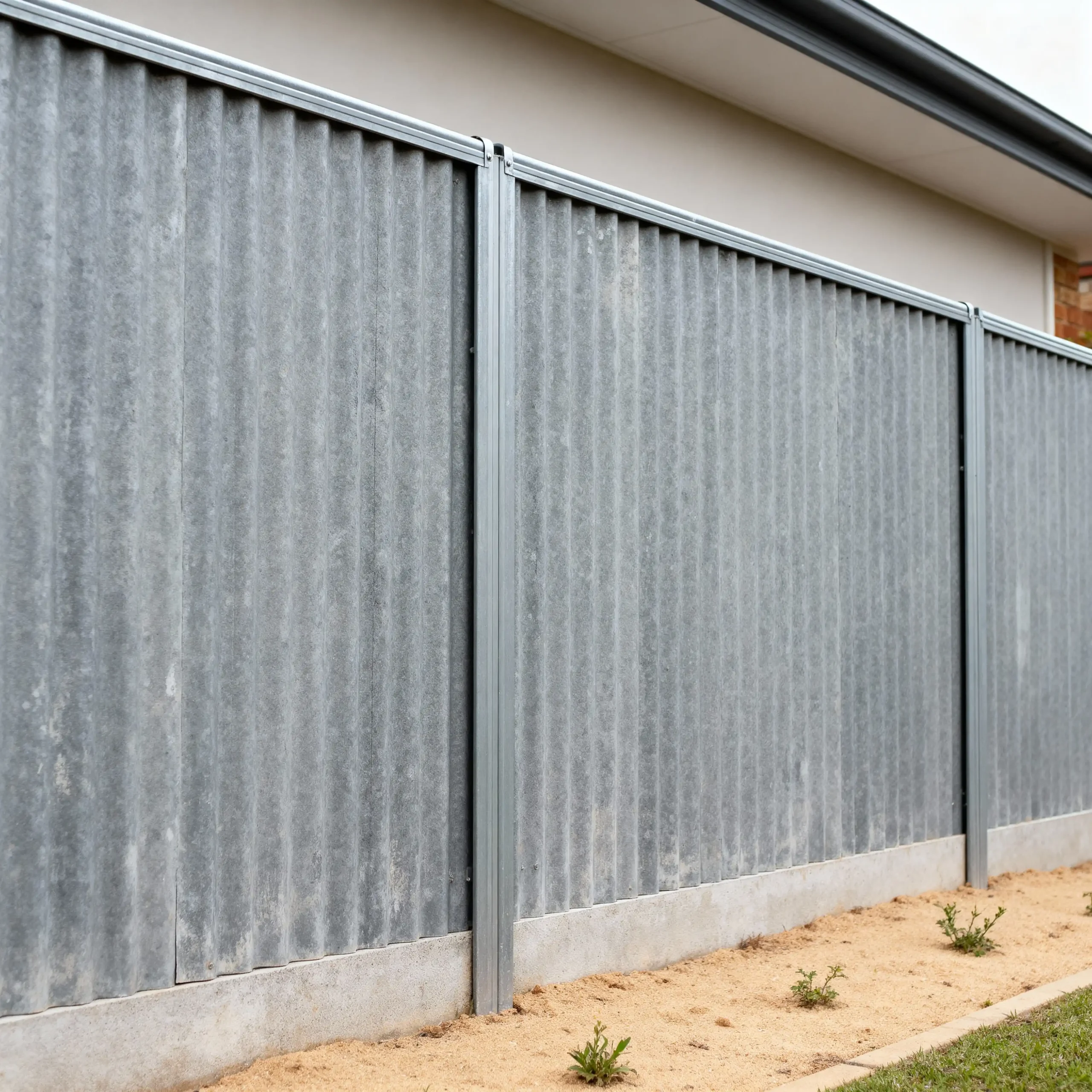 Straight-on view of grey corrugated asbestos-cement (fibro) boundary fence with metal posts and capping—Perth home.